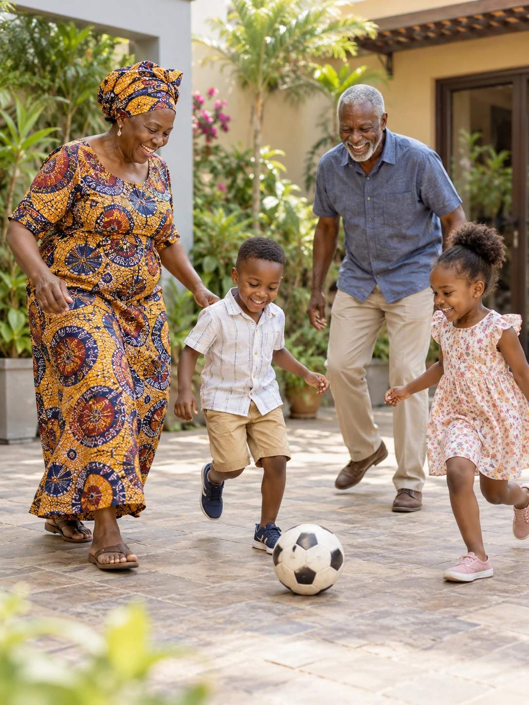Des grands-parents africains jouent au ballon avec leurs petits-enfants dans la cour familiale